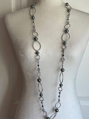 Lia Sophia Long Hematite Bead & Oval Link Necklace